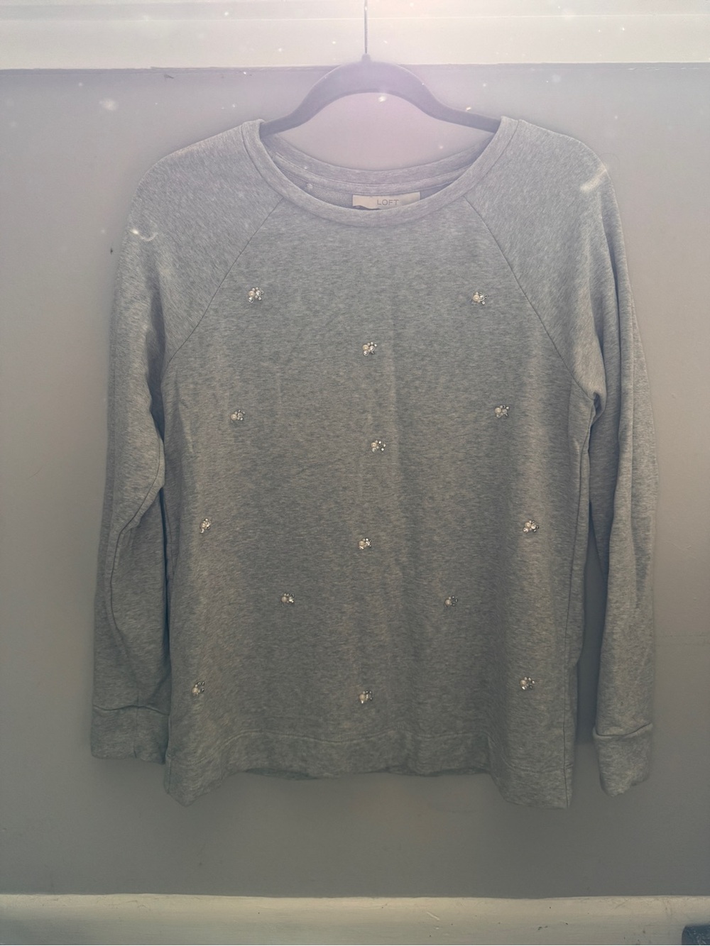 LOFT Gray Crewneck Sweater with Rhinestone Accents